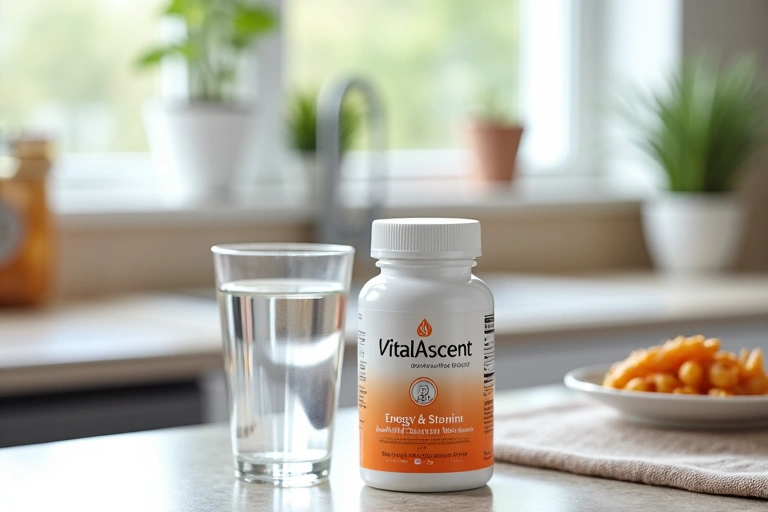 A VitalAscent Energy & Stamina product bottle placed next to a glass of water and a small meal on a clean, bright kitchen counter, illustrating recommended usage.