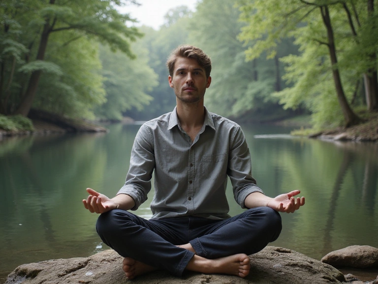 A man in a peaceful, natural setting, meditating or practicing mindfulness, symbolizing overall well-being and stress management.