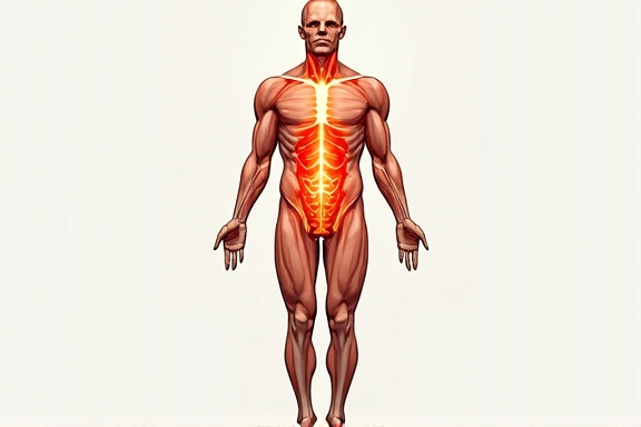 Abstract illustration of internal strength and support for the male body, focusing on the core and pelvic region with subtle energy lines.