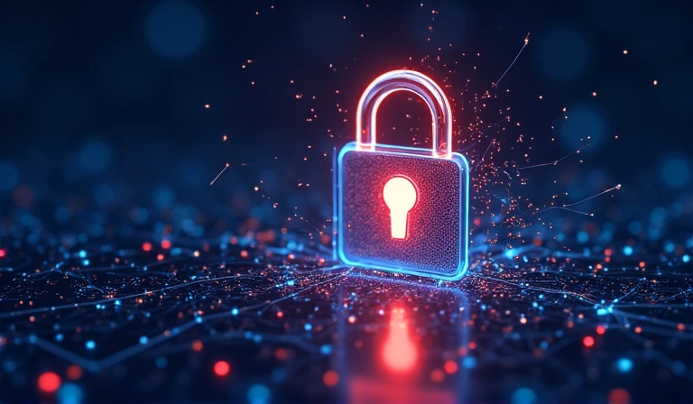 Cybersecurity illustration with a padlock and digital shield protecting data